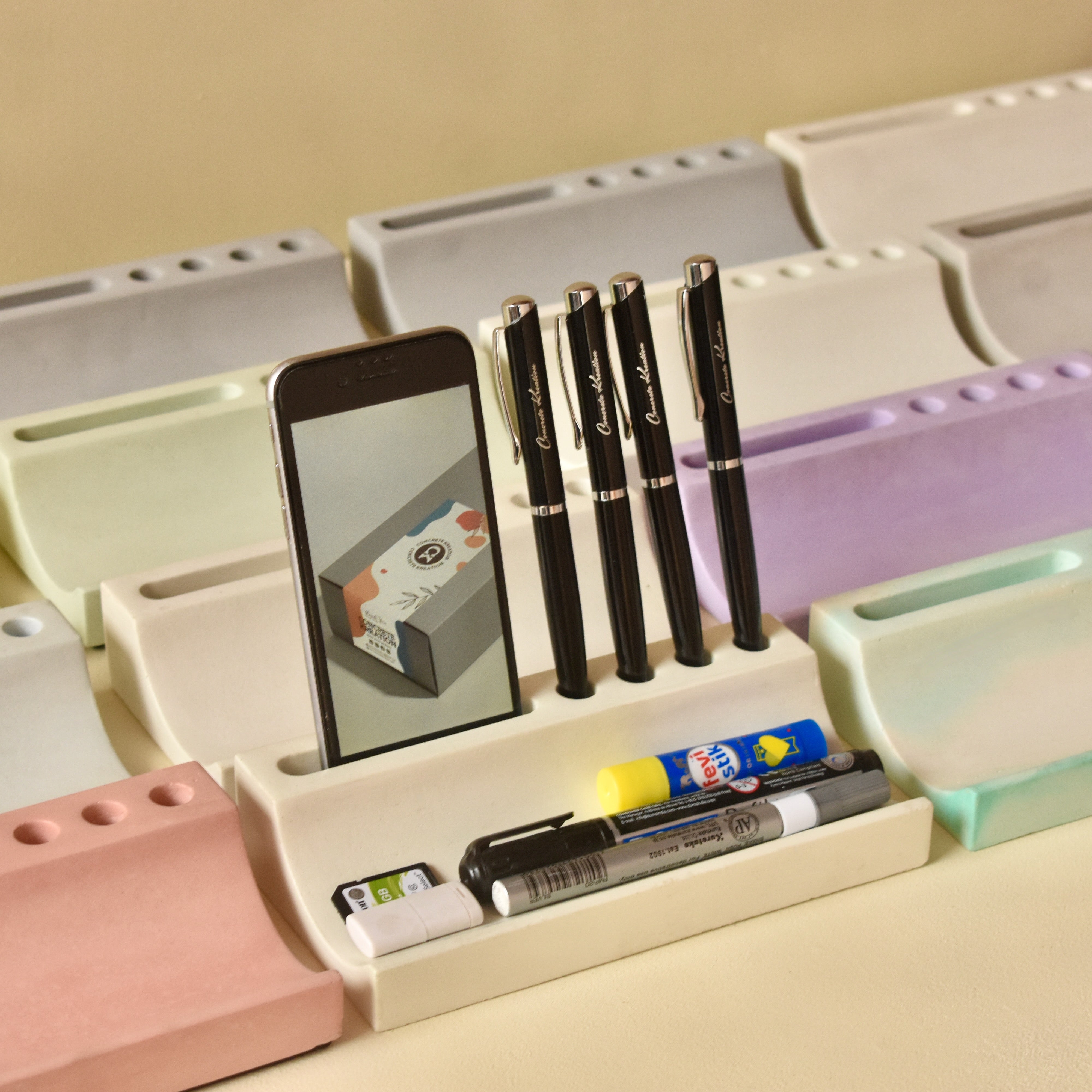 Delta - Premium Concrete Office Desk Organiser, Pen Holder and Phone Holder