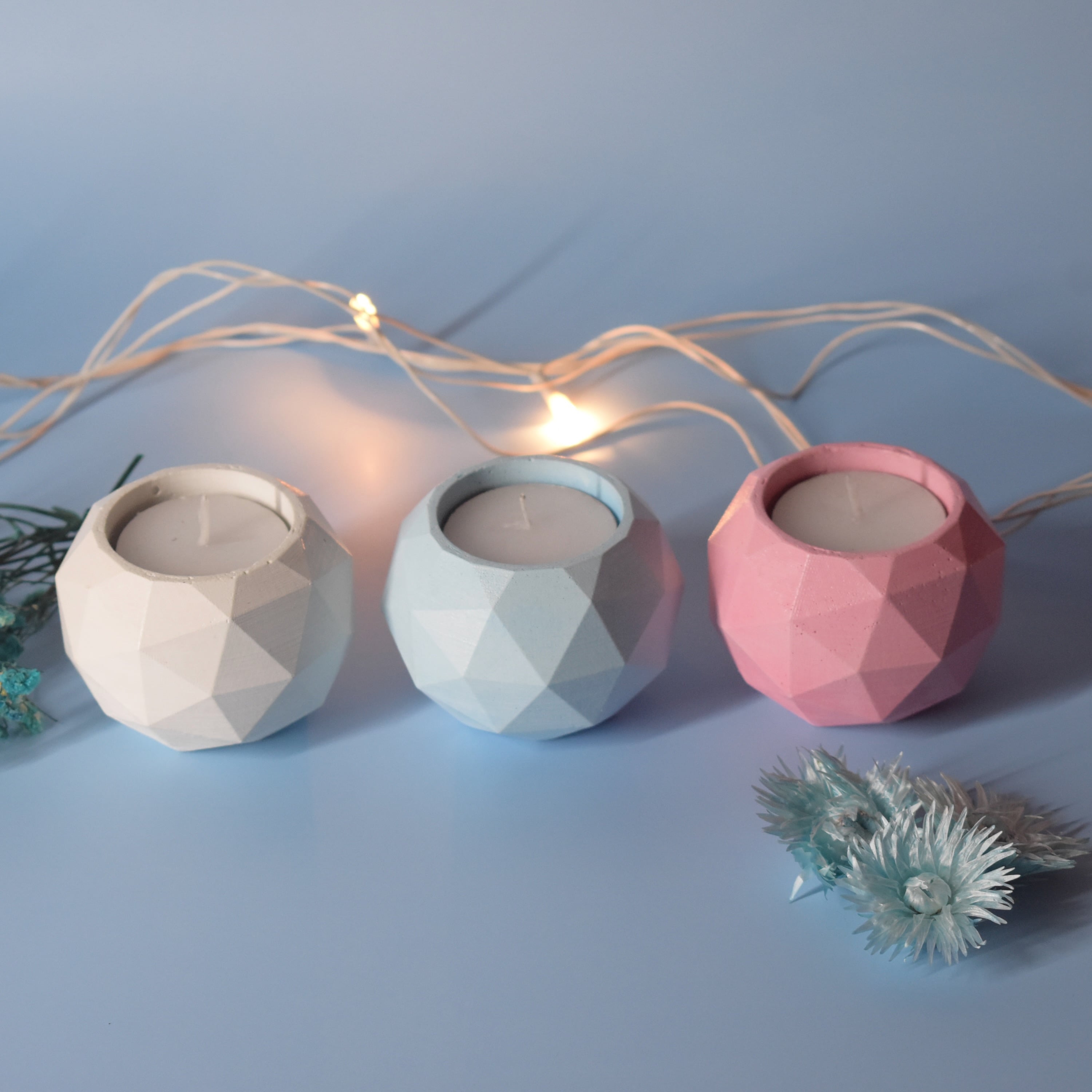 Geo - Handmade Premium Concrete Tea Light Candle Holder Set of 2 with Tea Lights