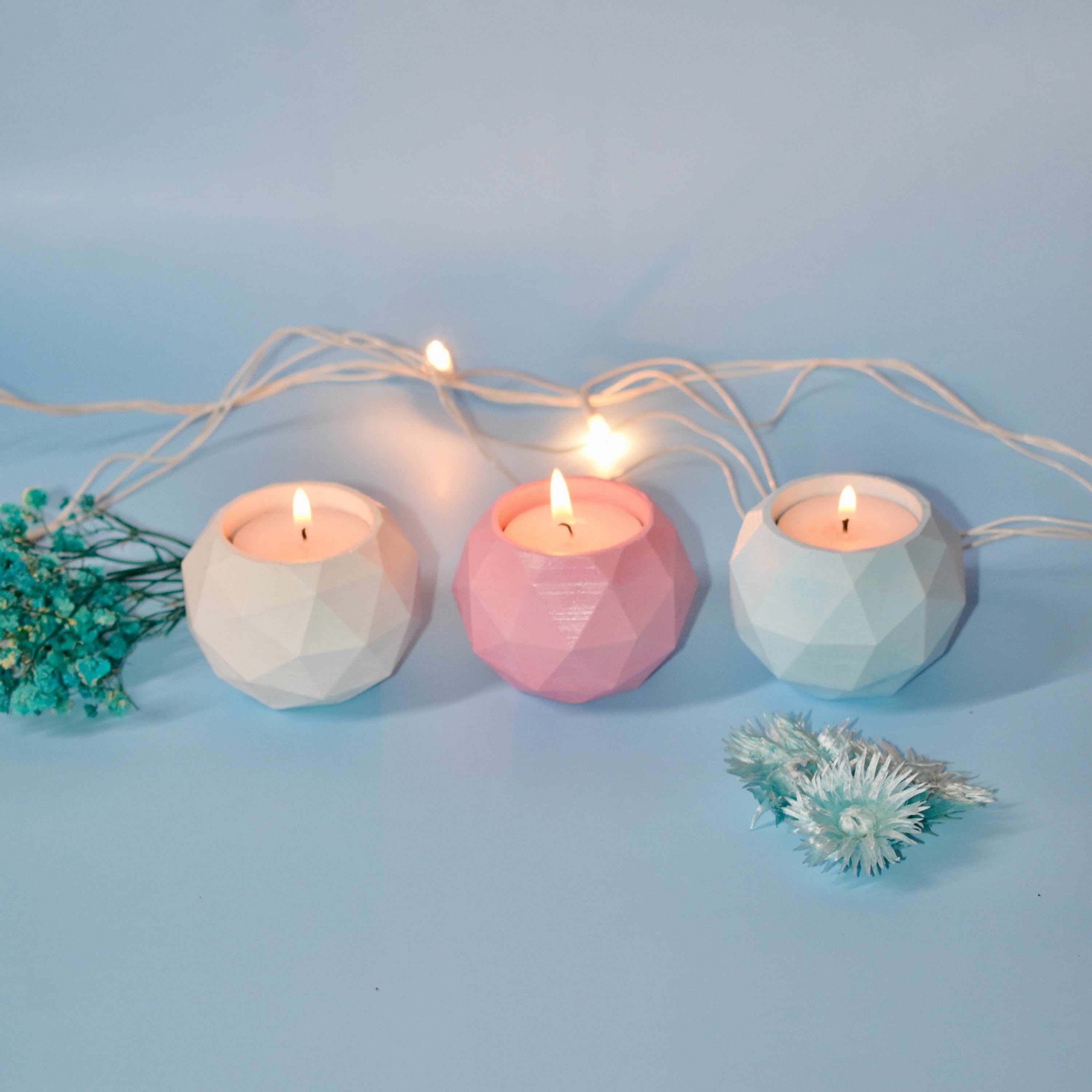 Geo - Handmade Premium Concrete Tea Light Candle Holder Set of 2 with Tea Lights