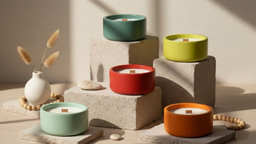 Modern concrete candle jars in various shapes and colors, displayed on stone blocks with soft burning flames.