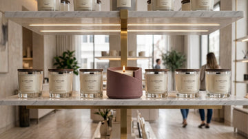 Luxury candle showroom display with glass candles on marble shelves and a central burgundy concrete candle featuring wax and a wooden wick.