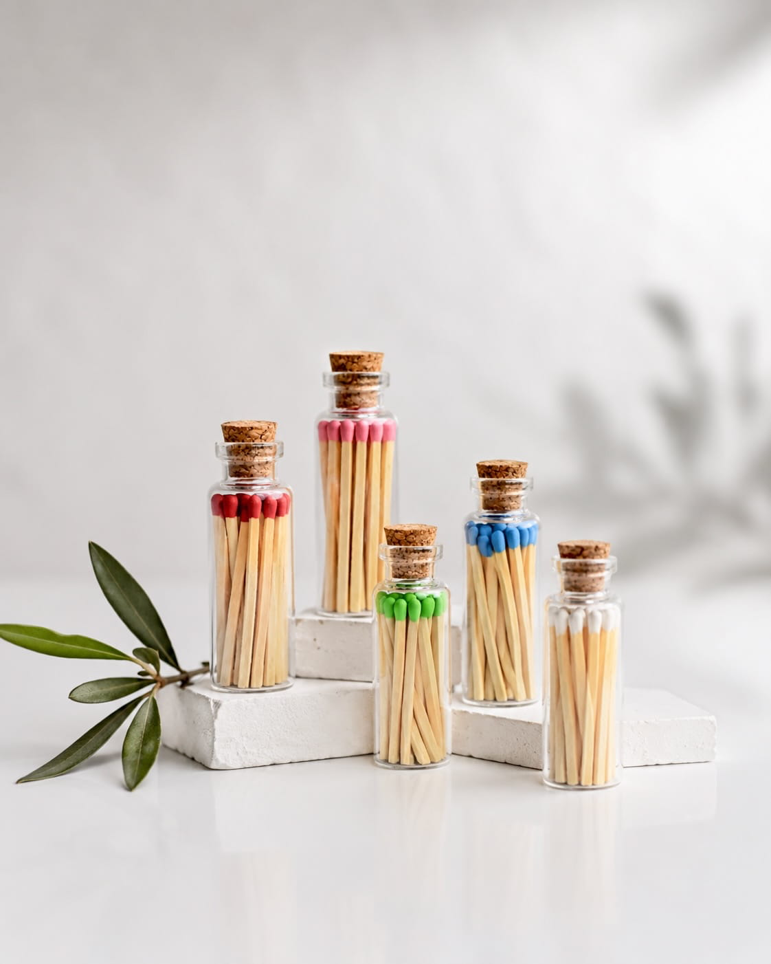 Colored Matches in Glass Bottle Jar with Striker & Cork Lid | Set of 5