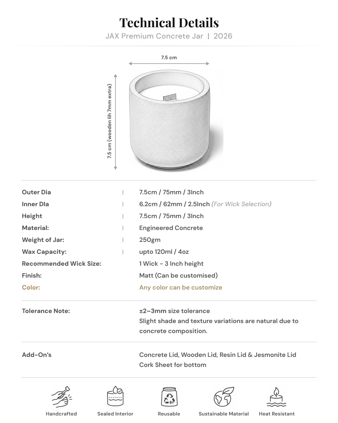 Technical details of a JAX Premium Concrete Jar with dimensions and material information.