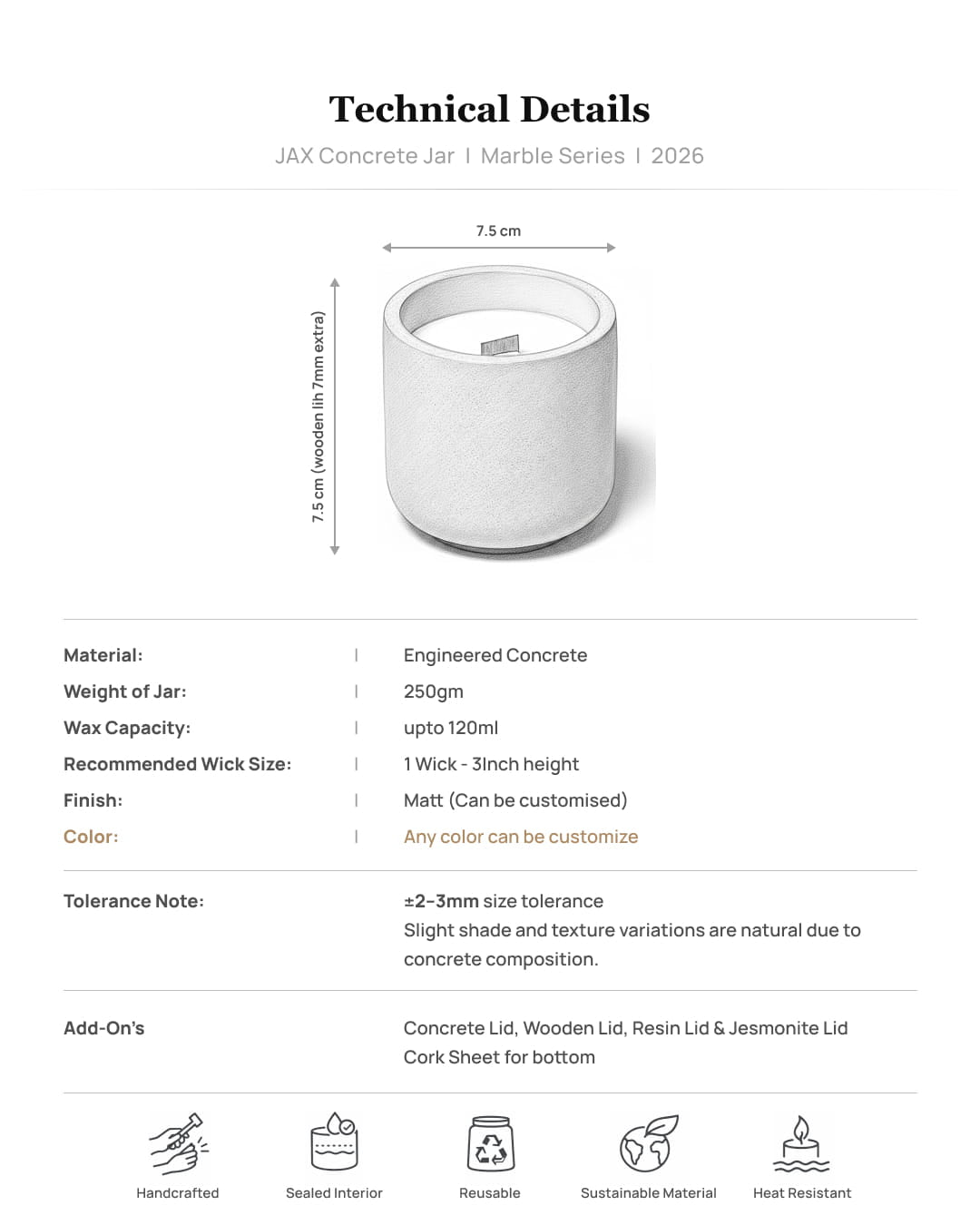 JAX | 120ml | Premium Concrete Candle Jars with Wooden Lid