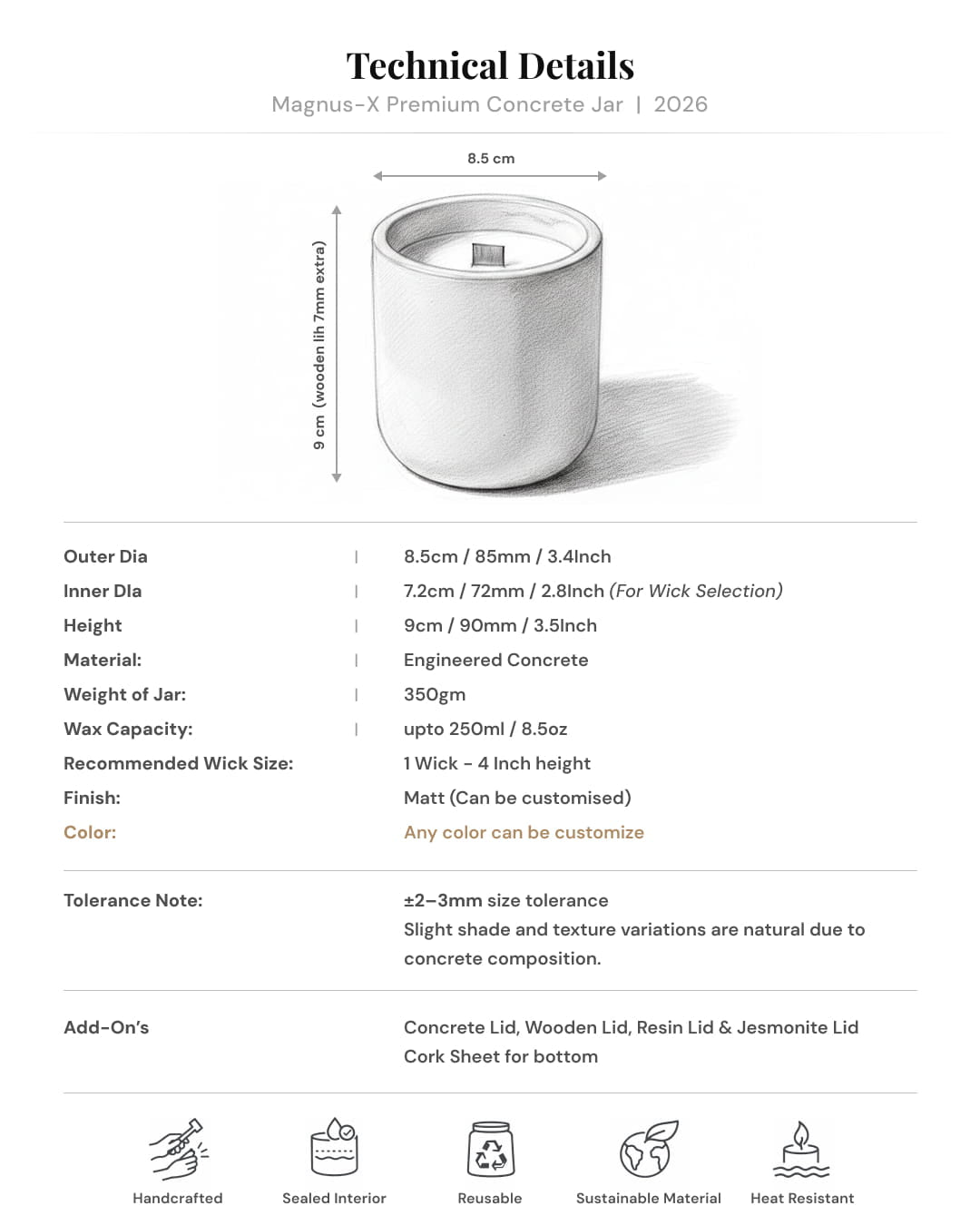 Technical details of a concrete jar with dimensions and material information.