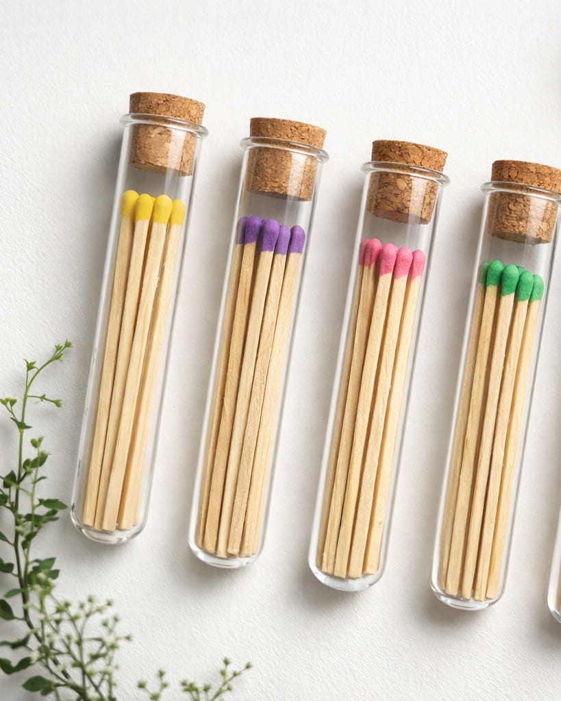 Colored Matches in Glass Jar with Striker & Cork Lid | Set of 5