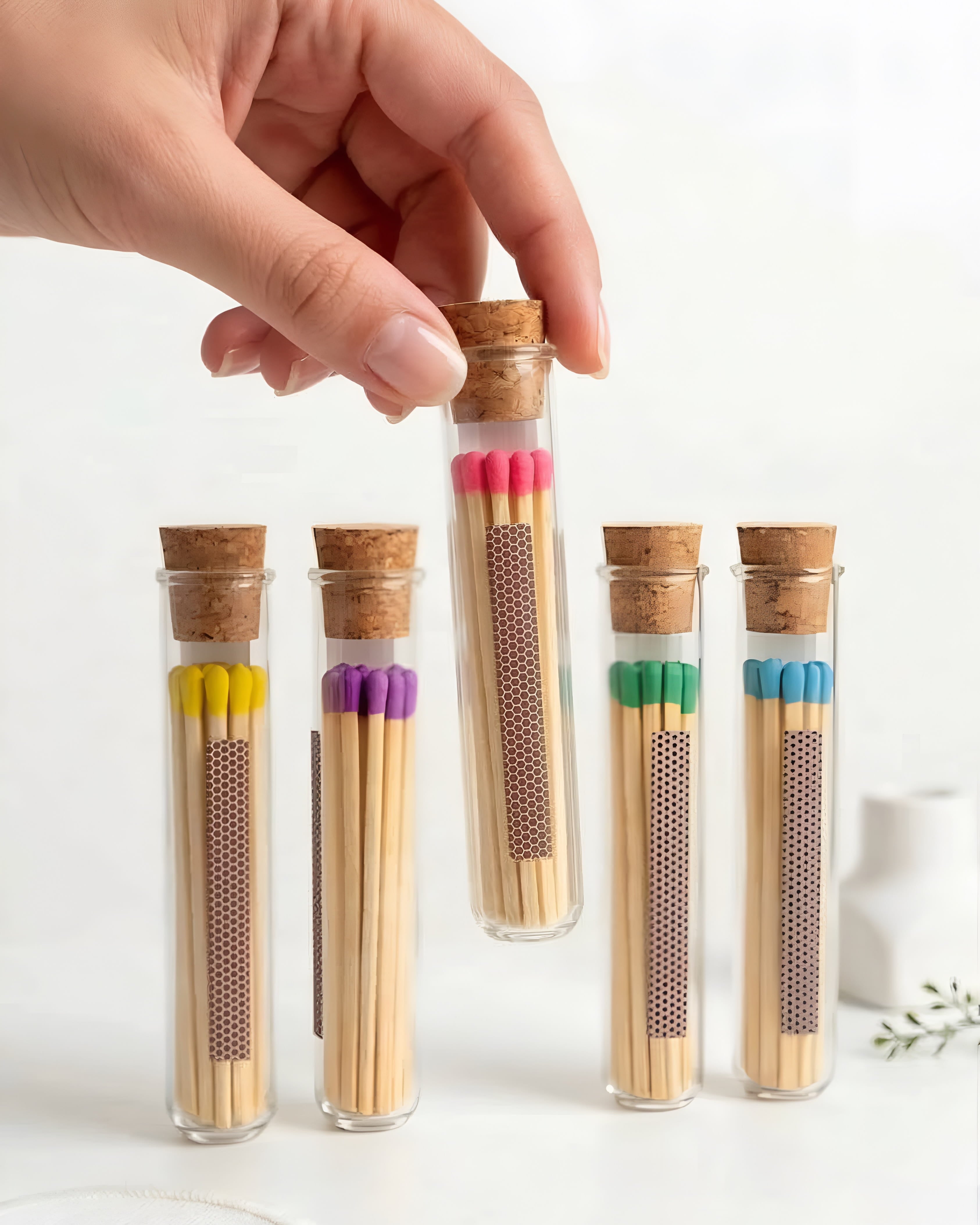 Colored Matches in Glass Jar with Striker & Cork Lid | Set of 5