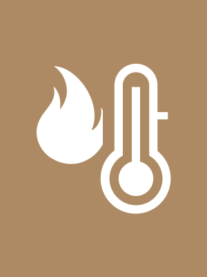 White flame and thermometer icons on a brown background